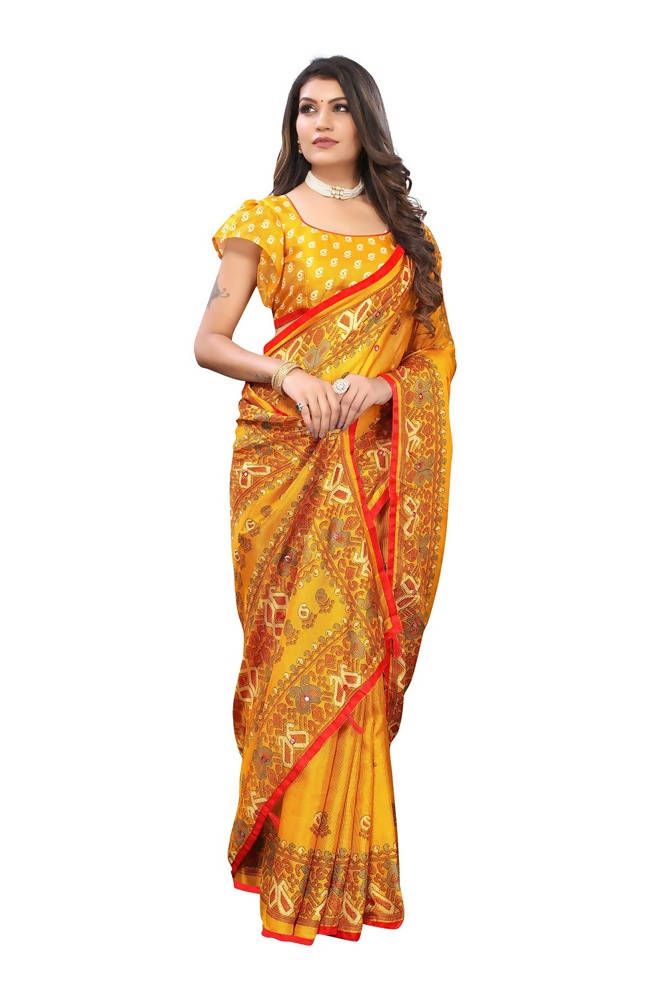 Vamika Yellow Jute Silk Mirror Work Saree | Grocsy