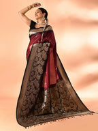 Joban Fashion Maroon & Black Plain With Weaving Border Banarasi Silk Sarees | Grocsy