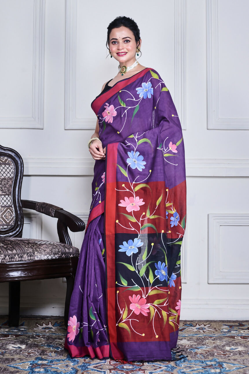 Morchari Multicolour Cotton Handloom Mirror Work Saree Unstitched Blouse | Grocsy