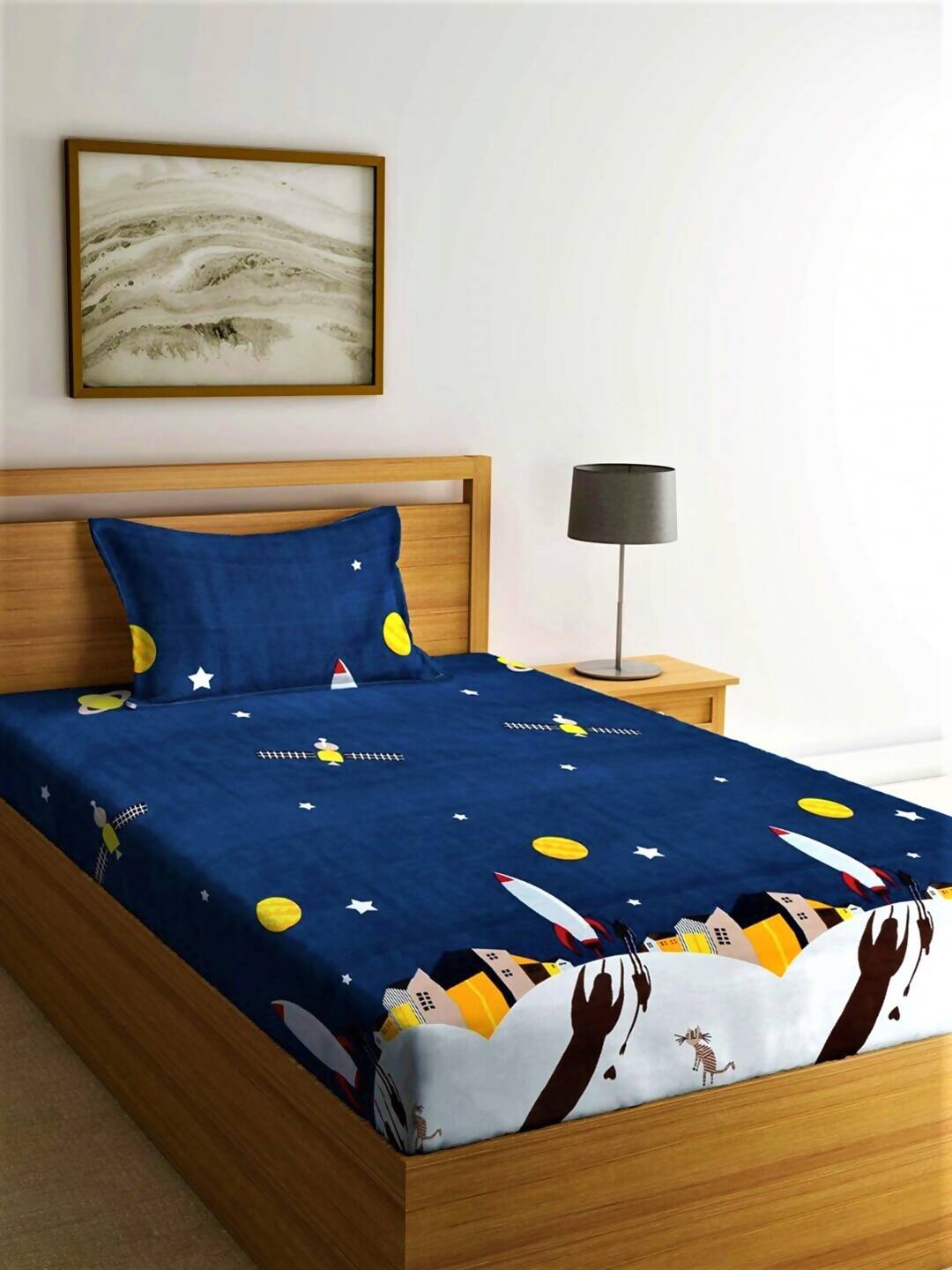 Home Sizzler Blue & Yellow Cartoon Characters 144 TC Bedsheet with Pillow Covers | Grocsy