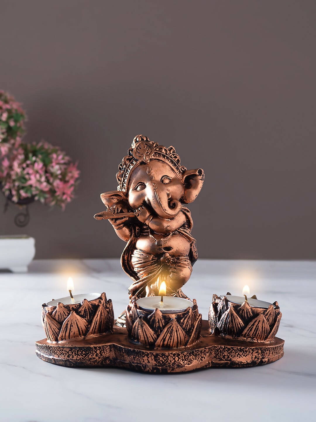 Golden Peacock Brown Ganesha Diya Holder | Grocsy
