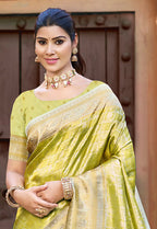 Sangam Prints Light Green Kanjivaram Silk Woven Work Traditional Saree | Grocsy