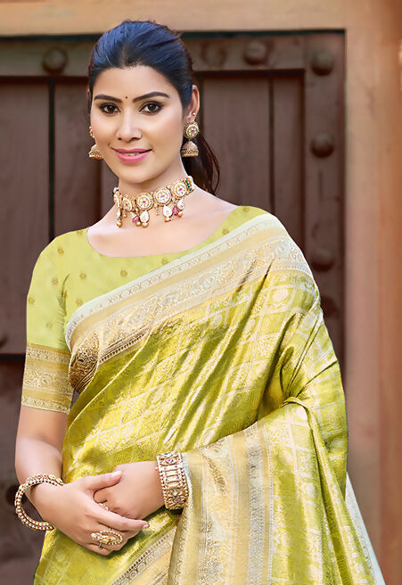 Sangam Prints Light Green Kanjivaram Silk Woven Work Traditional Saree | Grocsy