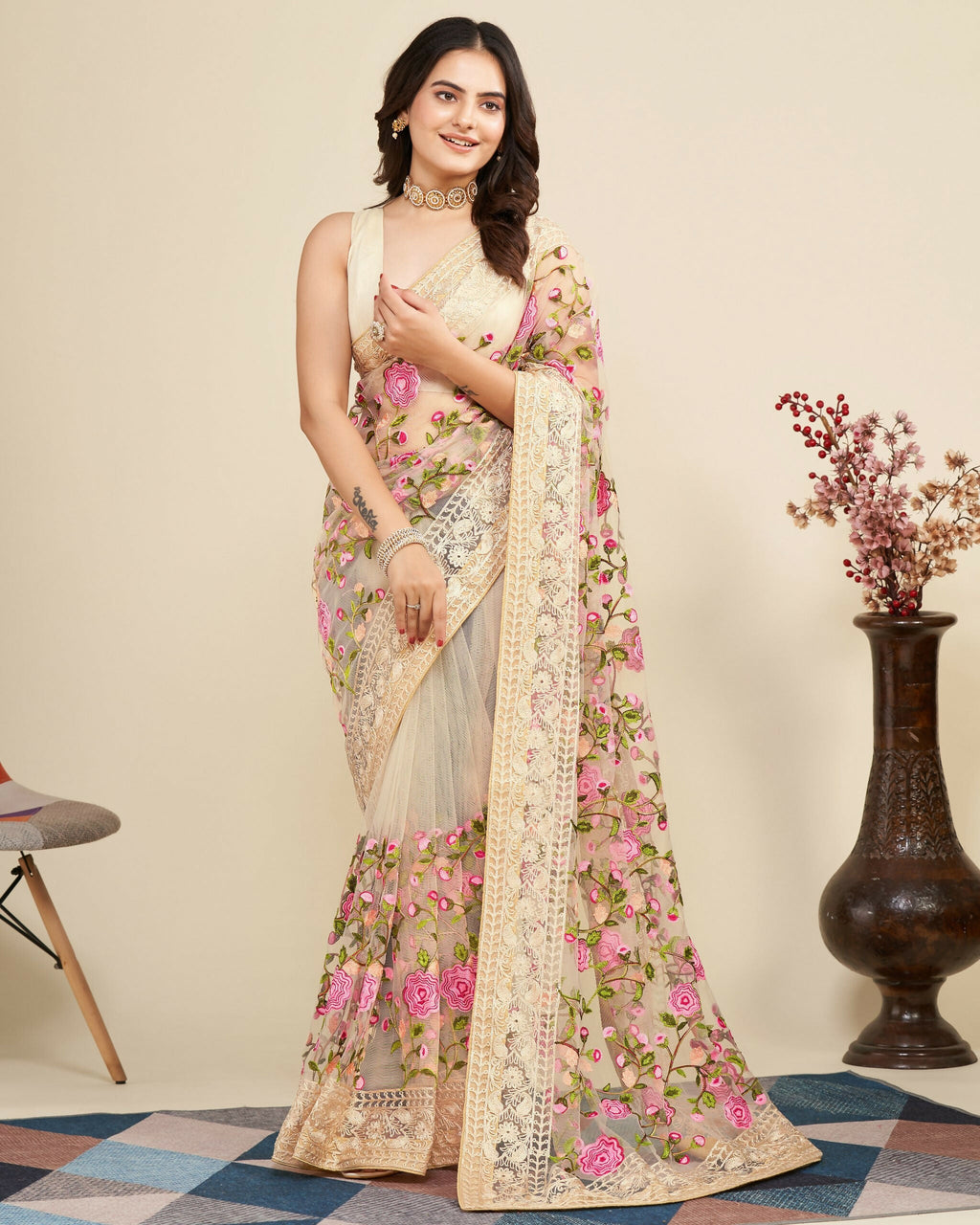 Teeya Creation Womens Latest Stylish Party Wear Soft Net Saree-Cream | Grocsy