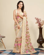 Teeya Creation Womens Latest Stylish Party Wear Soft Net Saree-Cream | Grocsy