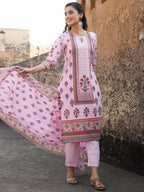 Juniper Women's Lilac Cambric Floral Placement Printed Straight Fit Kurta Sets | Grocsy