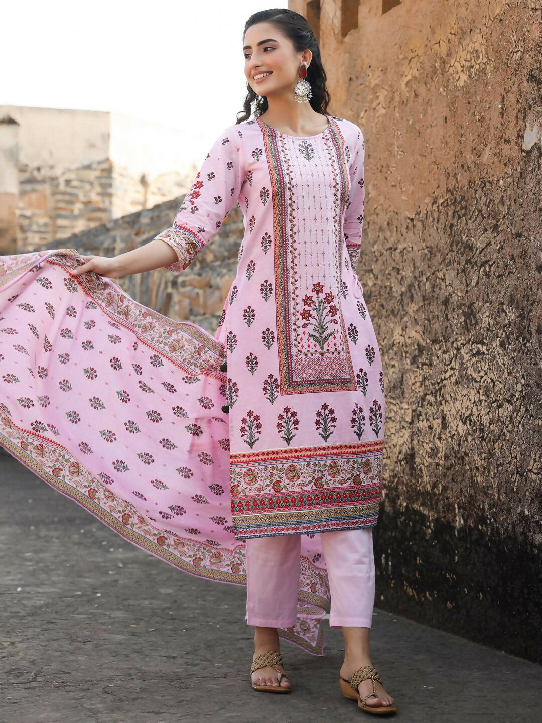 Juniper Women's Lilac Cambric Floral Placement Printed Straight Fit Kurta Sets | Grocsy