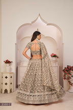Eilara Chocolate Brown Net White Thread Zari Sequence Embroidered Work Lehenga Choli | Grocsy