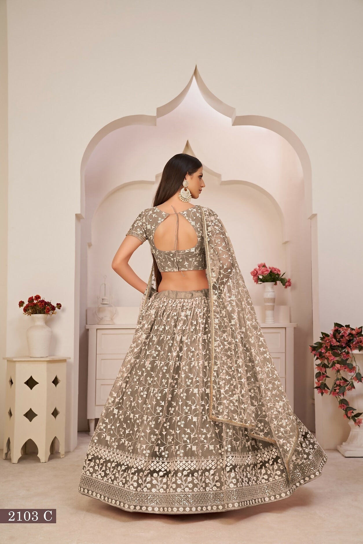 Eilara Chocolate Brown Net White Thread Zari Sequence Embroidered Work Lehenga Choli | Grocsy