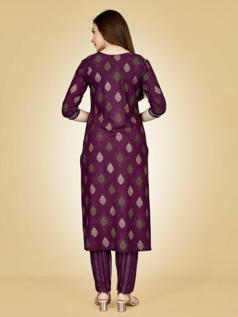 Jyoti Fashion Women's Wine Viscose Rayon Embroidered Kurta Pant Set | Grocsy