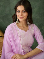 The52 Purple Women's Gorgeous Cotton Blend Fabric Thread Work Straight Kurta, Pant and Dupatta Set | Grocsy