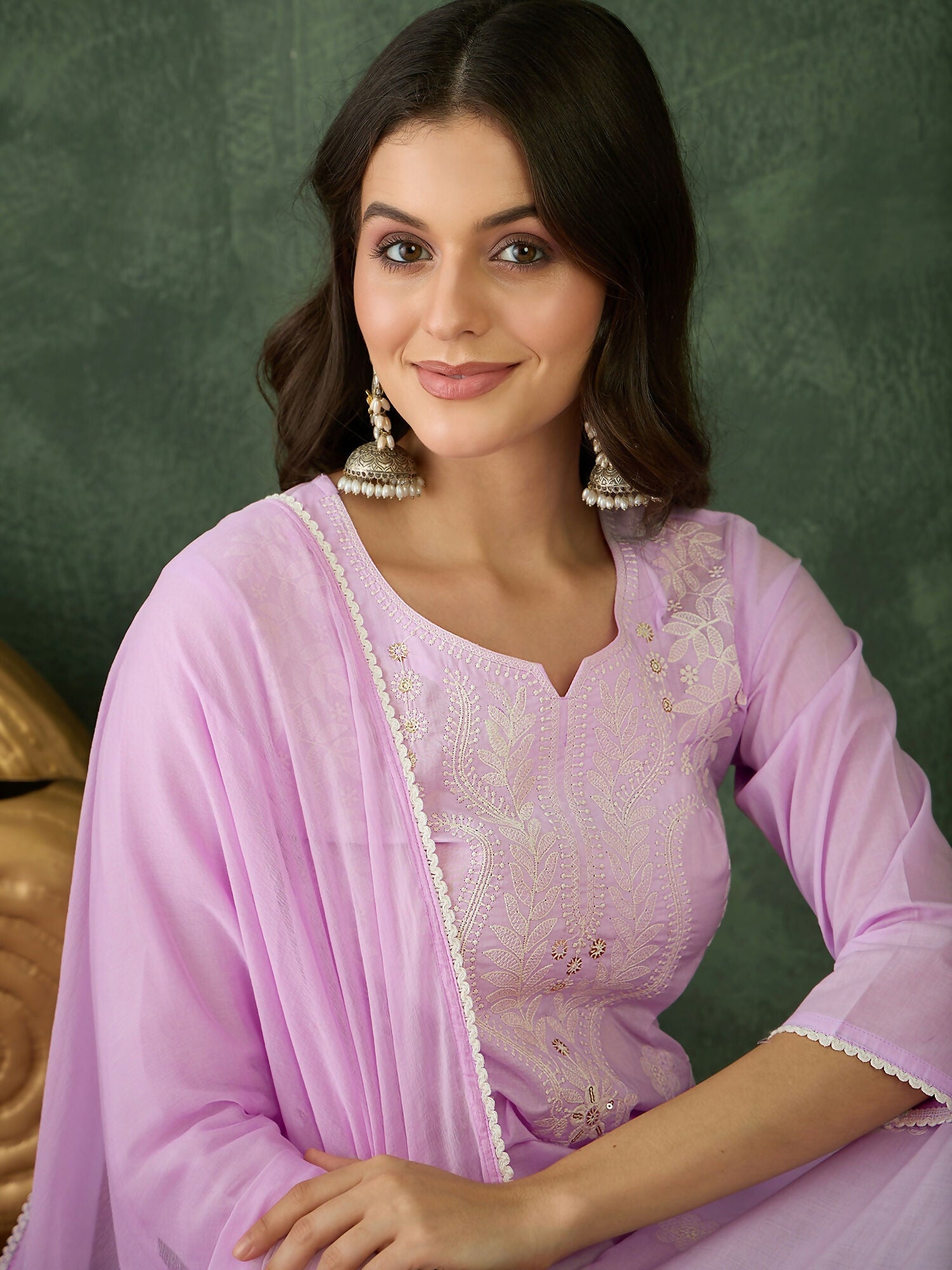 The52 Purple Women's Gorgeous Cotton Blend Fabric Thread Work Straight Kurta, Pant and Dupatta Set | Grocsy