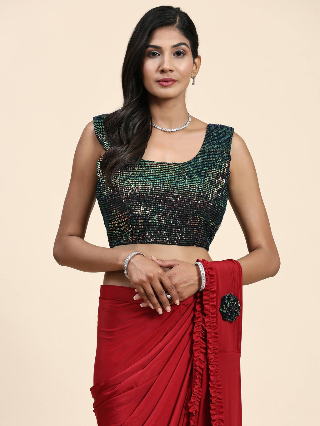 Red Imported Fabric Plain Ready to wear Saree with stitched Blouse - Vrinda | Grocsy
