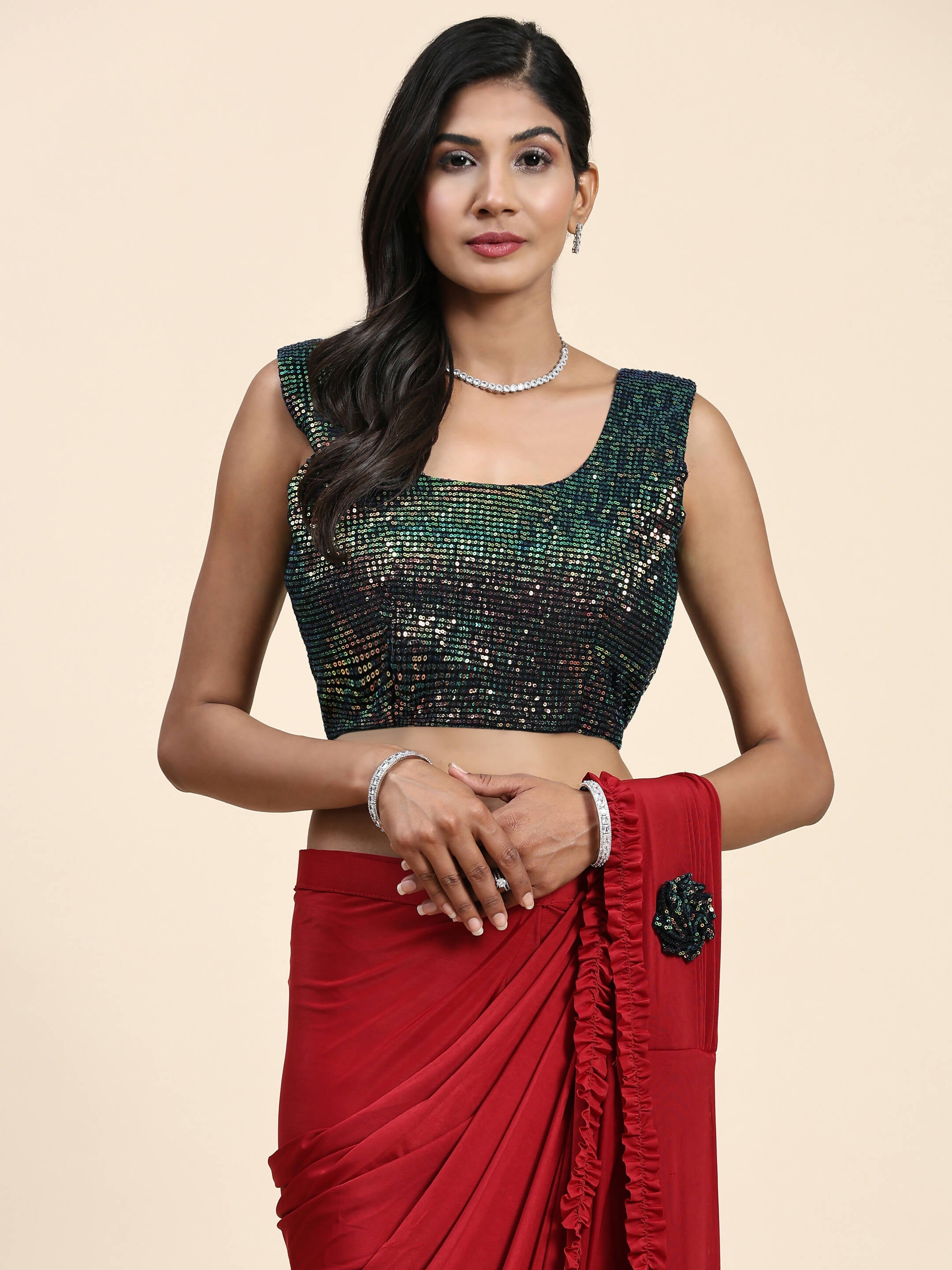 Red Imported Fabric Plain Ready to wear Saree with stitched Blouse - Vrinda | Grocsy