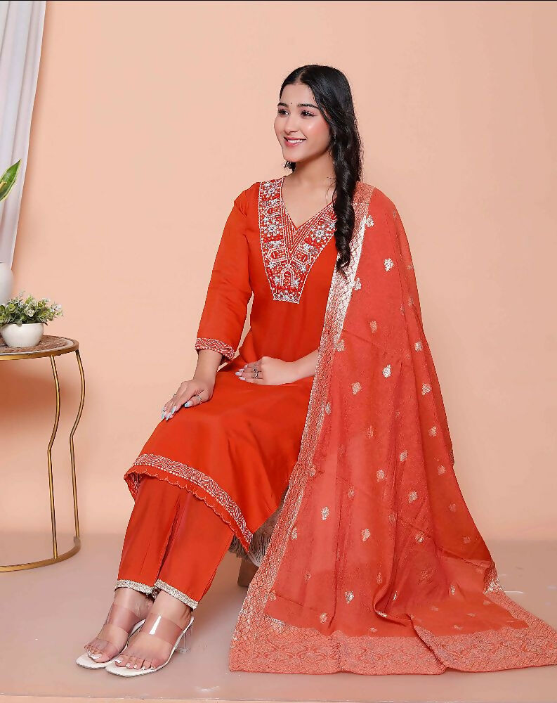 Miravan Womens Orange Embroidered Straight Kurta With Palazzo And Dupatta Set | Grocsy