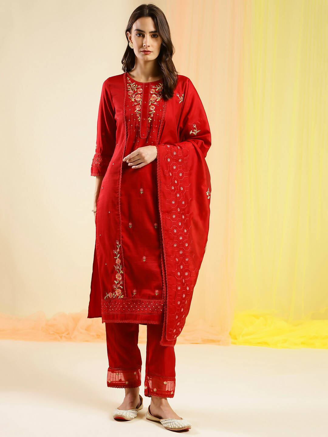 Red Chinon Embroidered Straight Kurta with Trouser & Dupatta - Salimar | Grocsy
