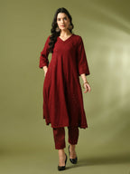Myshka Women's Maroon Embroidered Cotton A-Line Party Kurta Set | Grocsy