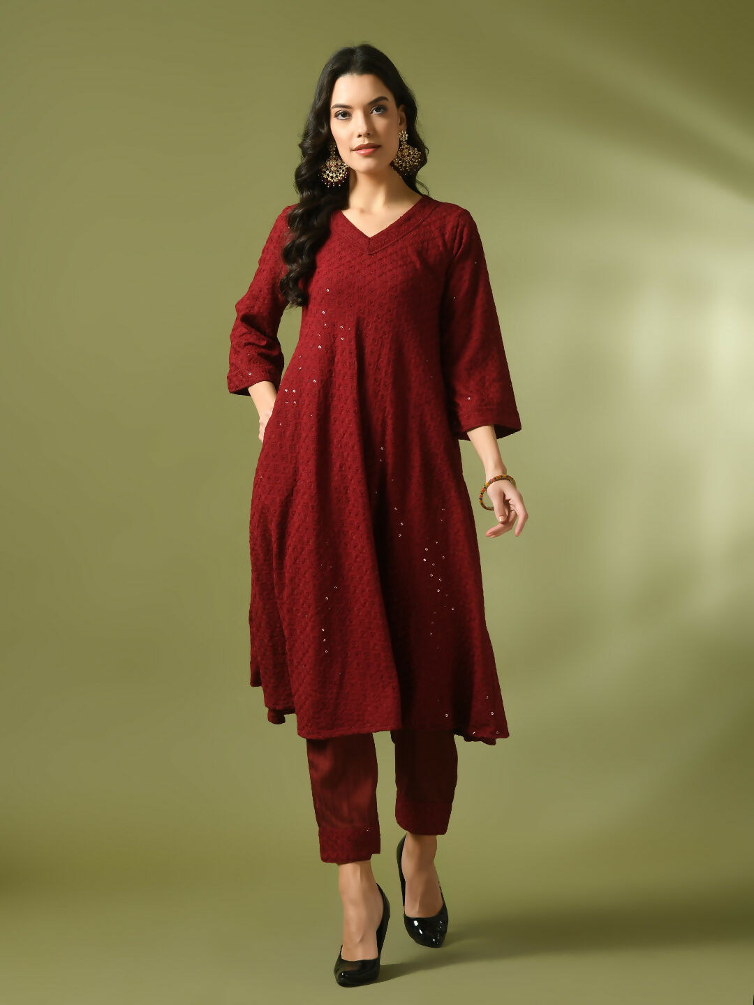 Myshka Women's Maroon Embroidered Cotton A-Line Party Kurta Set | Grocsy