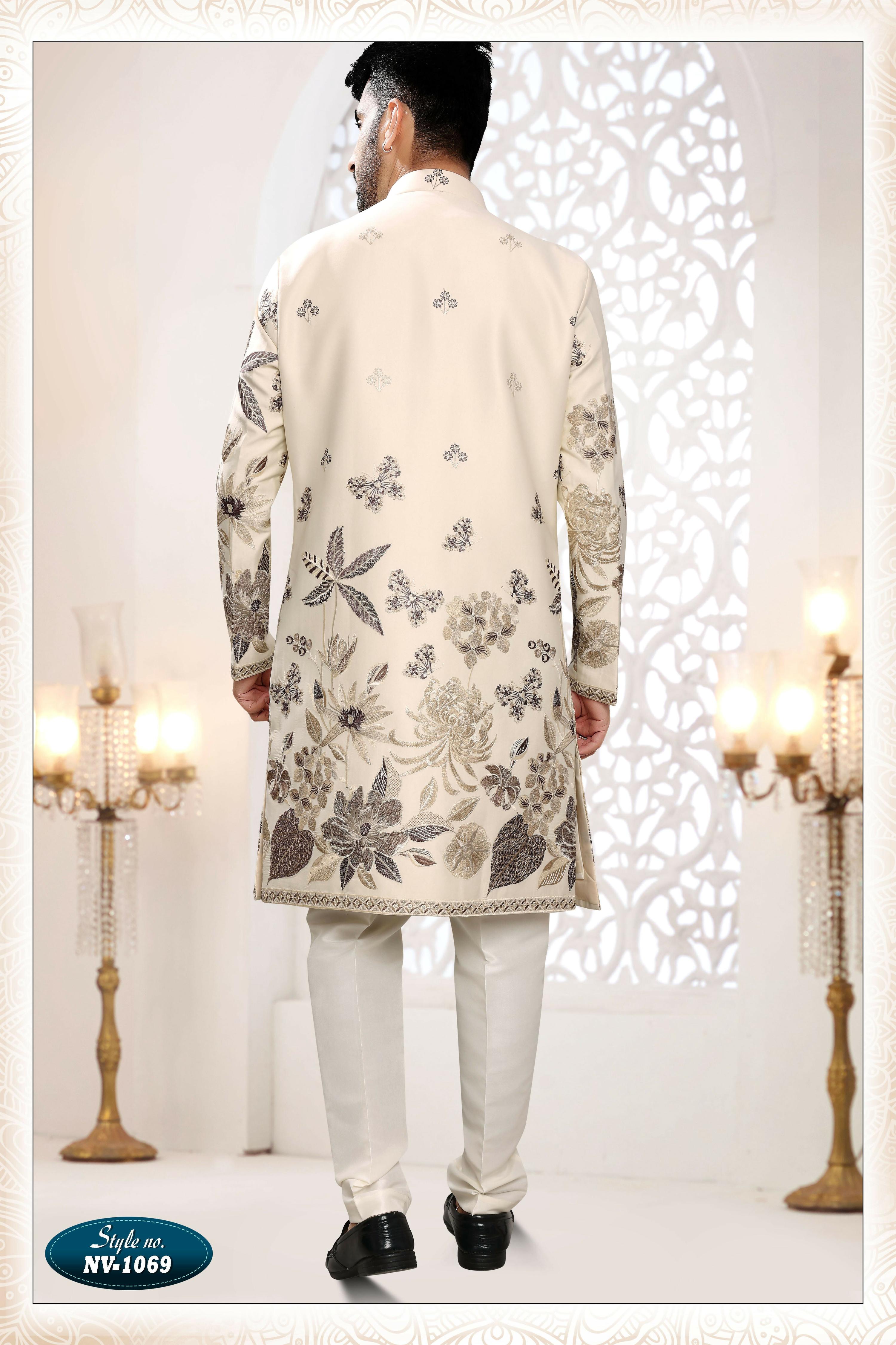 Joban Fashion Men's Cream Straight Malai Silk Thread And Sequence Embroidery All Over 3 Pc Kurta Set | Grocsy
