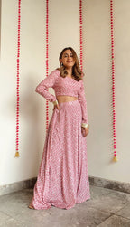trueBrowns Light Mauve Bandhani Printed Silk Top Skirt Set | Grocsy