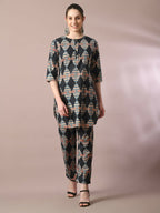 Myshka Women's Multi Printed Cotton Round Neck Party Tunic With Trousers Co-ord set | Grocsy