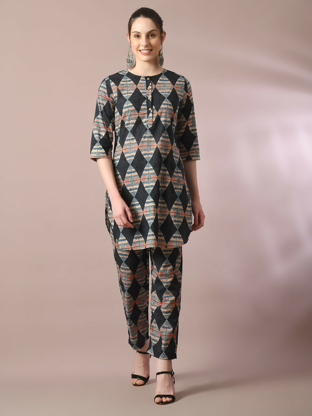 Myshka Women's Multi Printed Cotton Round Neck Party Tunic With Trousers Co-ord set | Grocsy