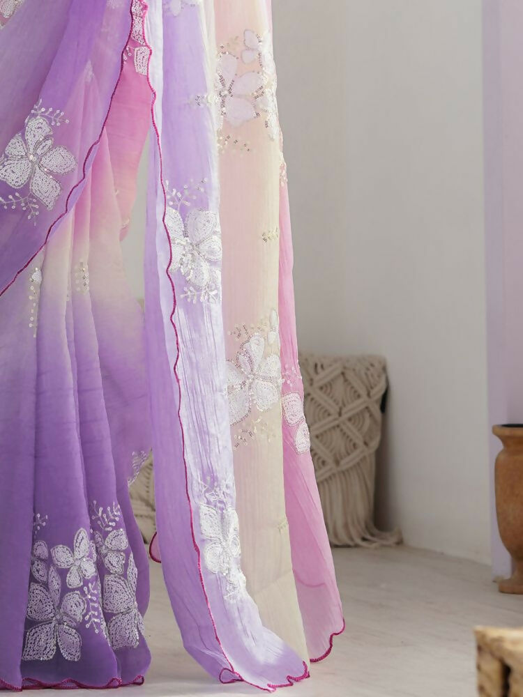 PR Fashion Pink_Lavender Gold Crush Embroidery Work Saree | Grocsy