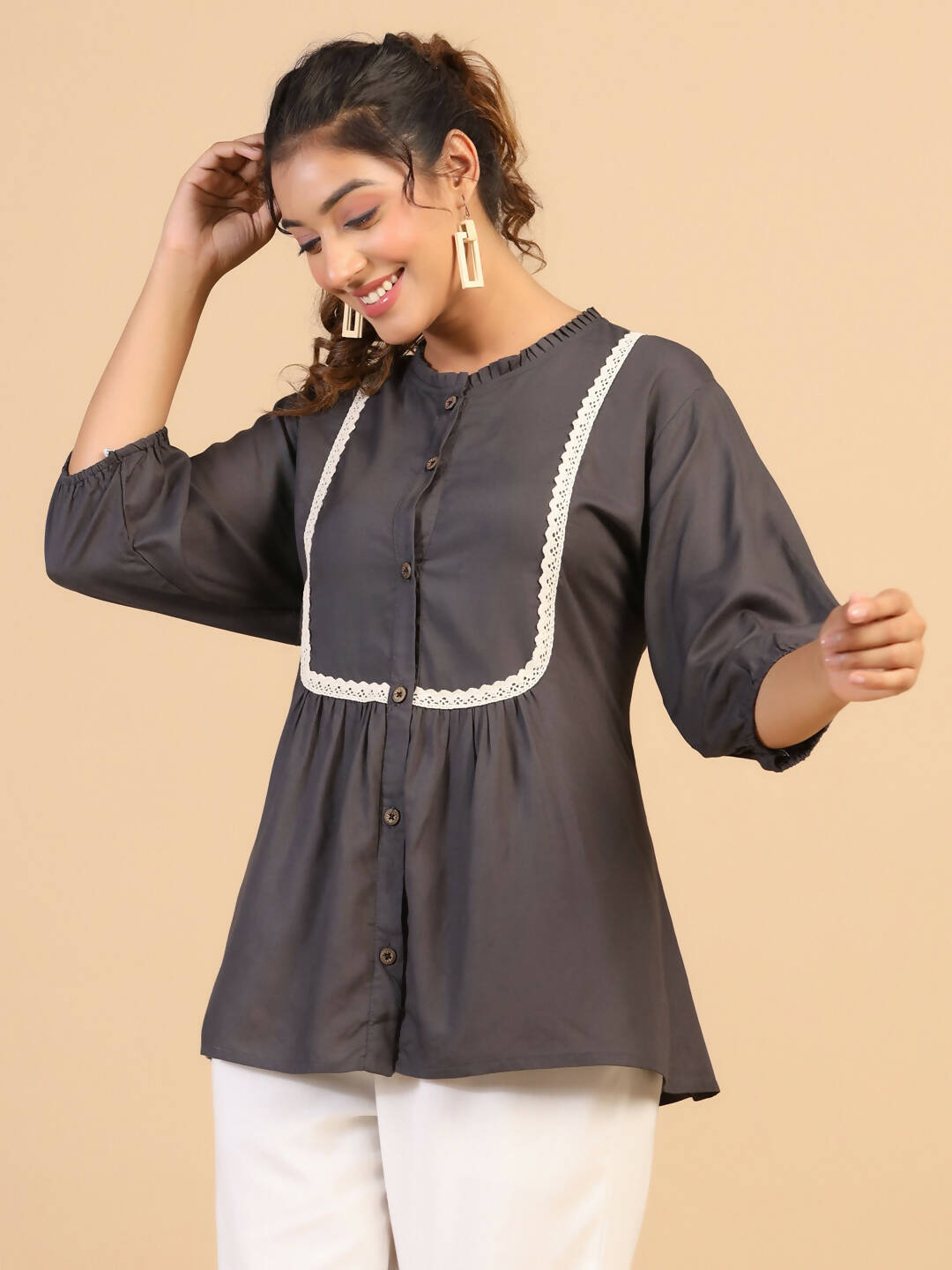 Womens Grey Rayon Solid Top - Keeva | Grocsy