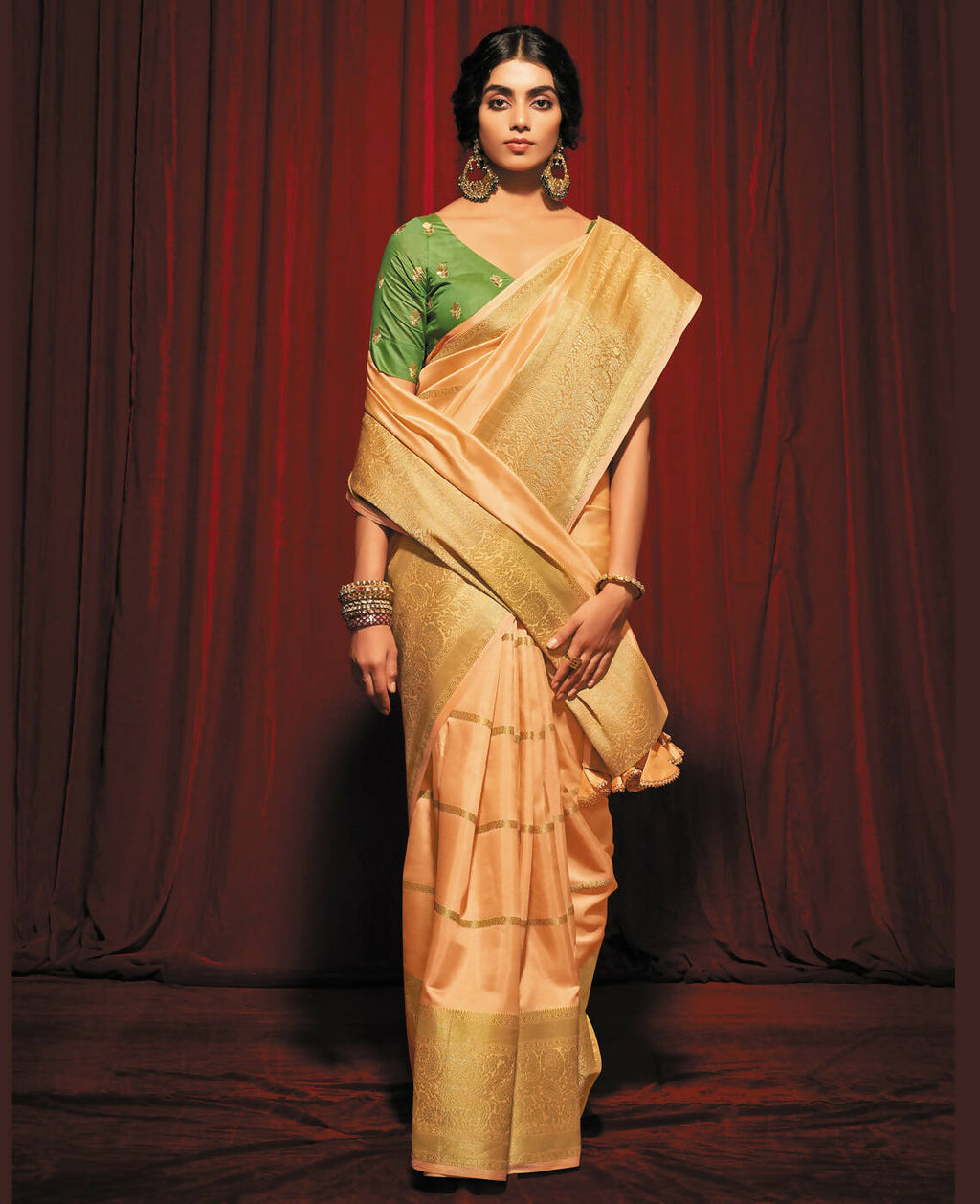 Peach Silk Striped Pattren Saree With Unstitched Blouse Piece - Zyanya | Grocsy