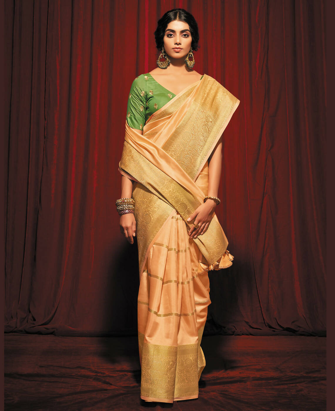 Peach Silk Striped Pattren Saree With Unstitched Blouse Piece - Zyanya | Grocsy