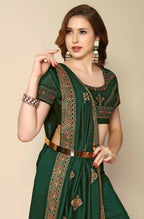 Green Chinon Embroidered Saree with Unstitched Blouse Piece - Roozal | Grocsy