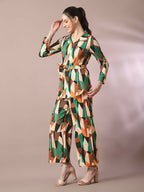 Myshka Women's Multi Printed Polo Collar Party Top With Trousers Co-ord set | Grocsy