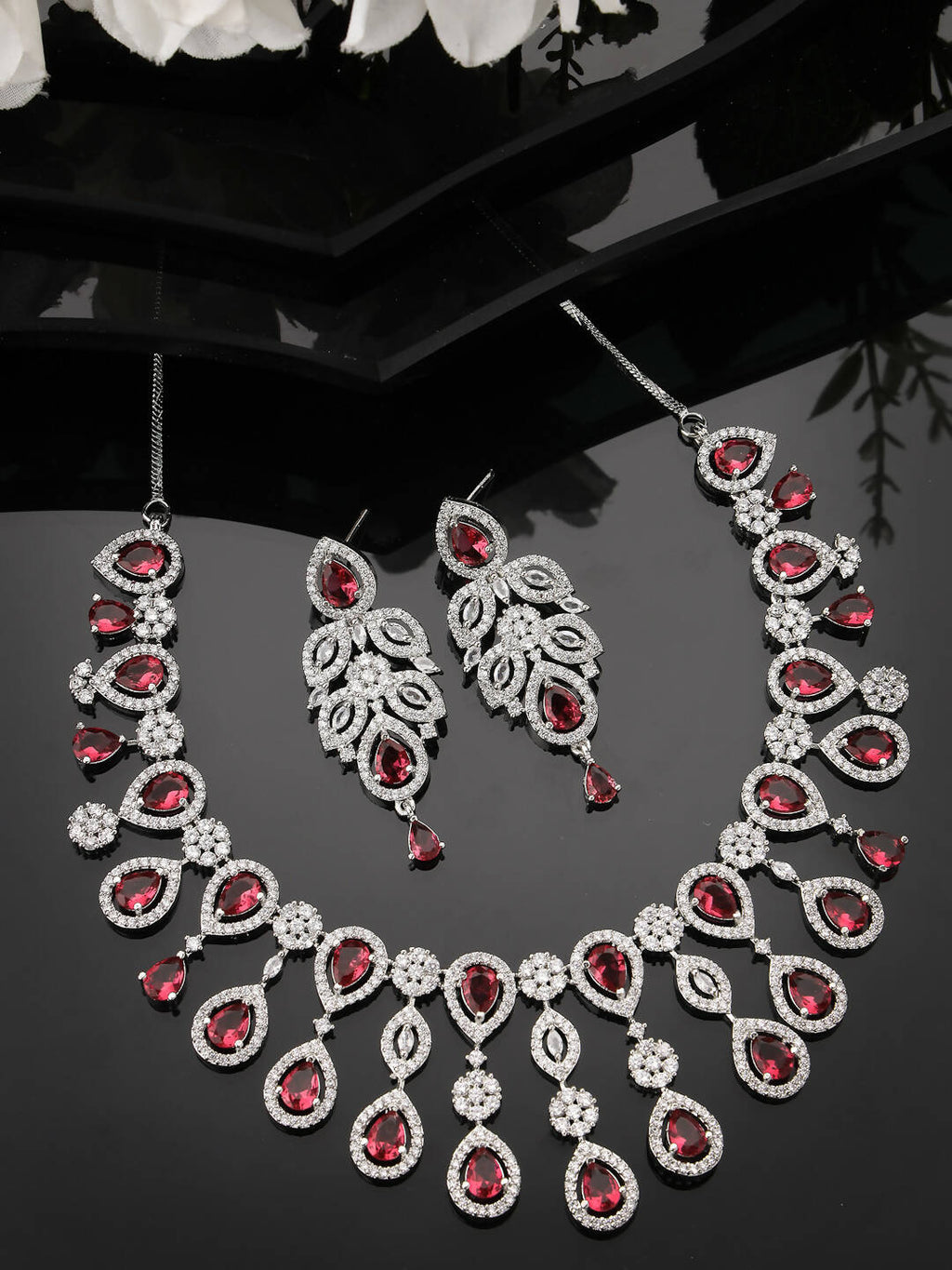 NVR Women Silver Plated & Maroon Cz Stone Handcrafted Jewellery Set