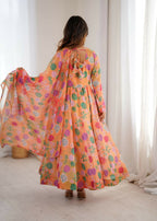 Teeya Creation Orange Soft Organza Digital Printed Party Wear Long Gown | Grocsy