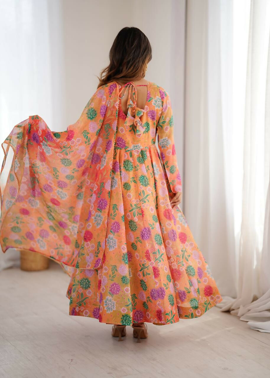 Teeya Creation Orange Soft Organza Digital Printed Party Wear Long Gown | Grocsy