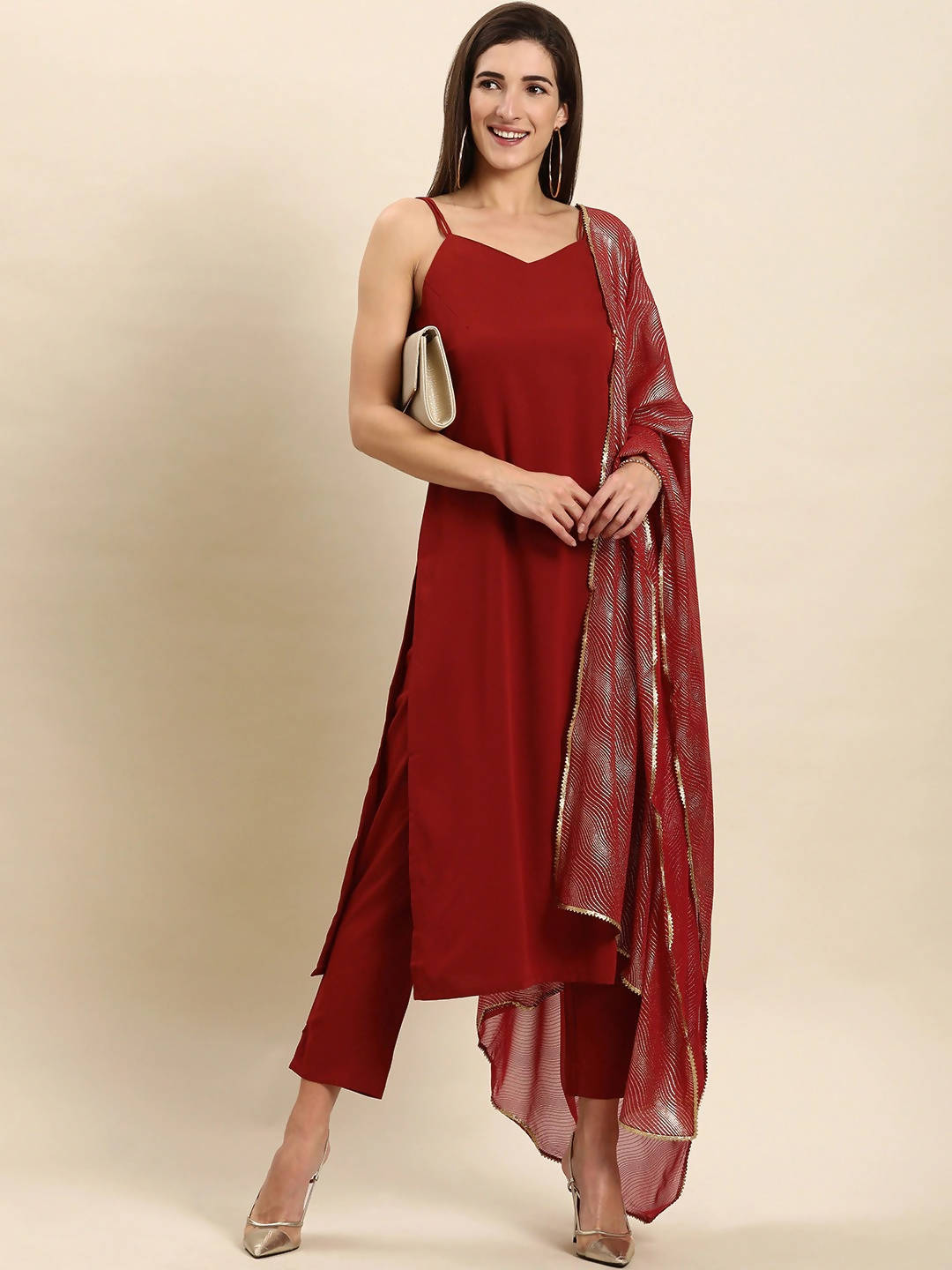 Janasya Women Maroon Kurta with Trousers & With Dupatta | Grocsy