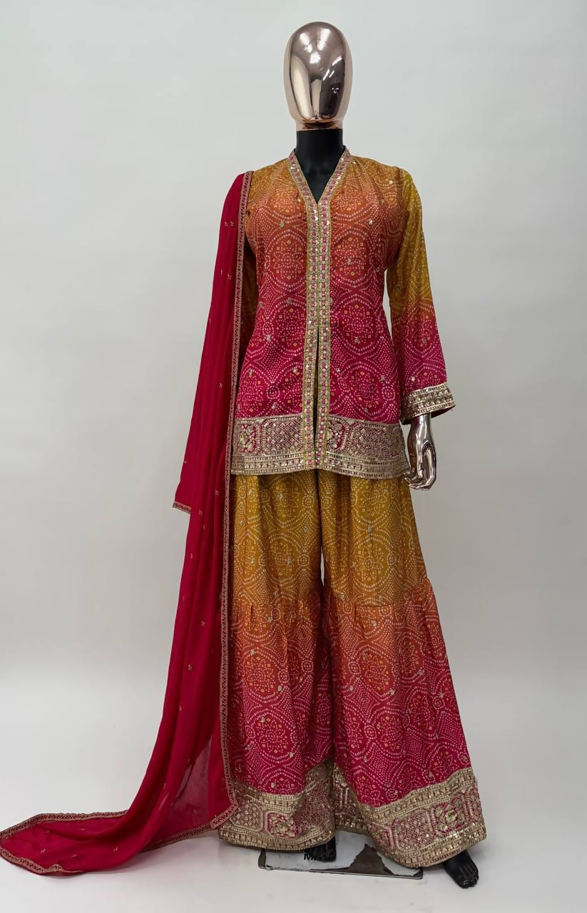 Lorenvalley Fashion Yellow and Pink Chinon Embroidery With Sequince Work Salwar Kameez Stitched | Grocsy