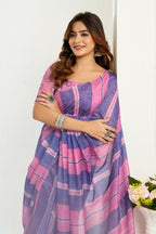 Vastranavya Pink Blue Digital Printed Linen Ready To Wear Designer Saree with Unstitched Blouse | Grocsy