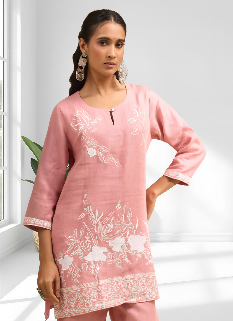 Joban Fashion Pink Linen Embroidered Readymade Cord Set | Grocsy