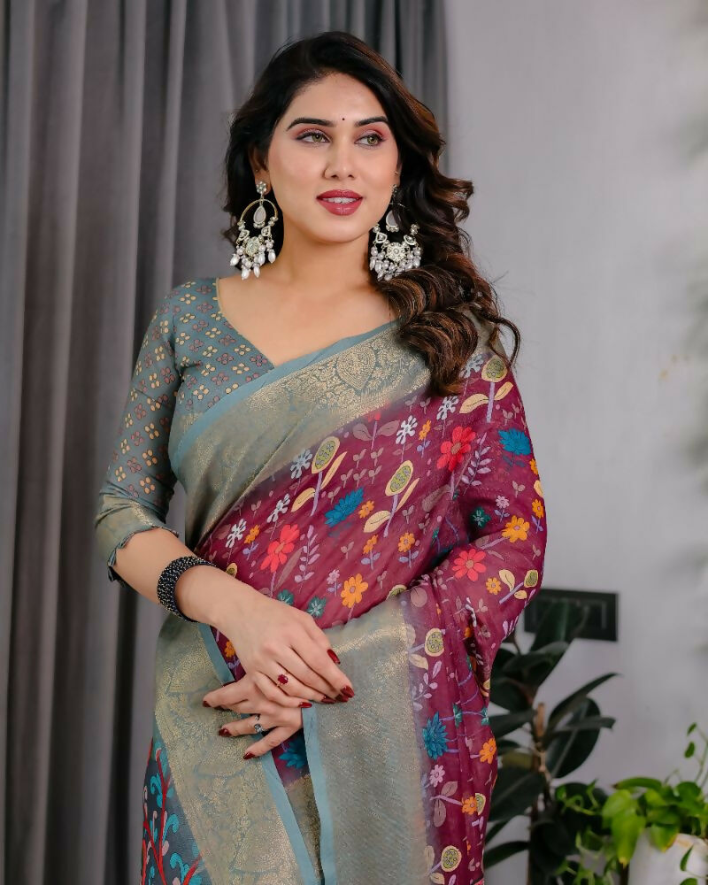PR Fashion Purple Pure Handloom Linen Saree | Grocsy