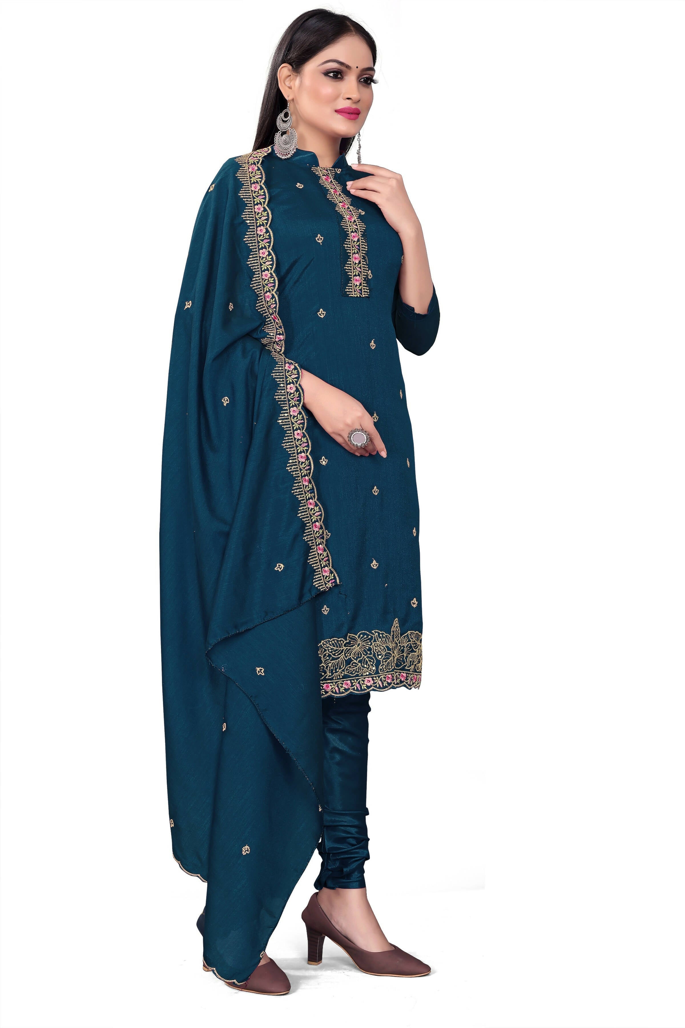 Blue Silk Embroidered with Sequins work Unstitched Dress Material - Tanvi | Grocsy