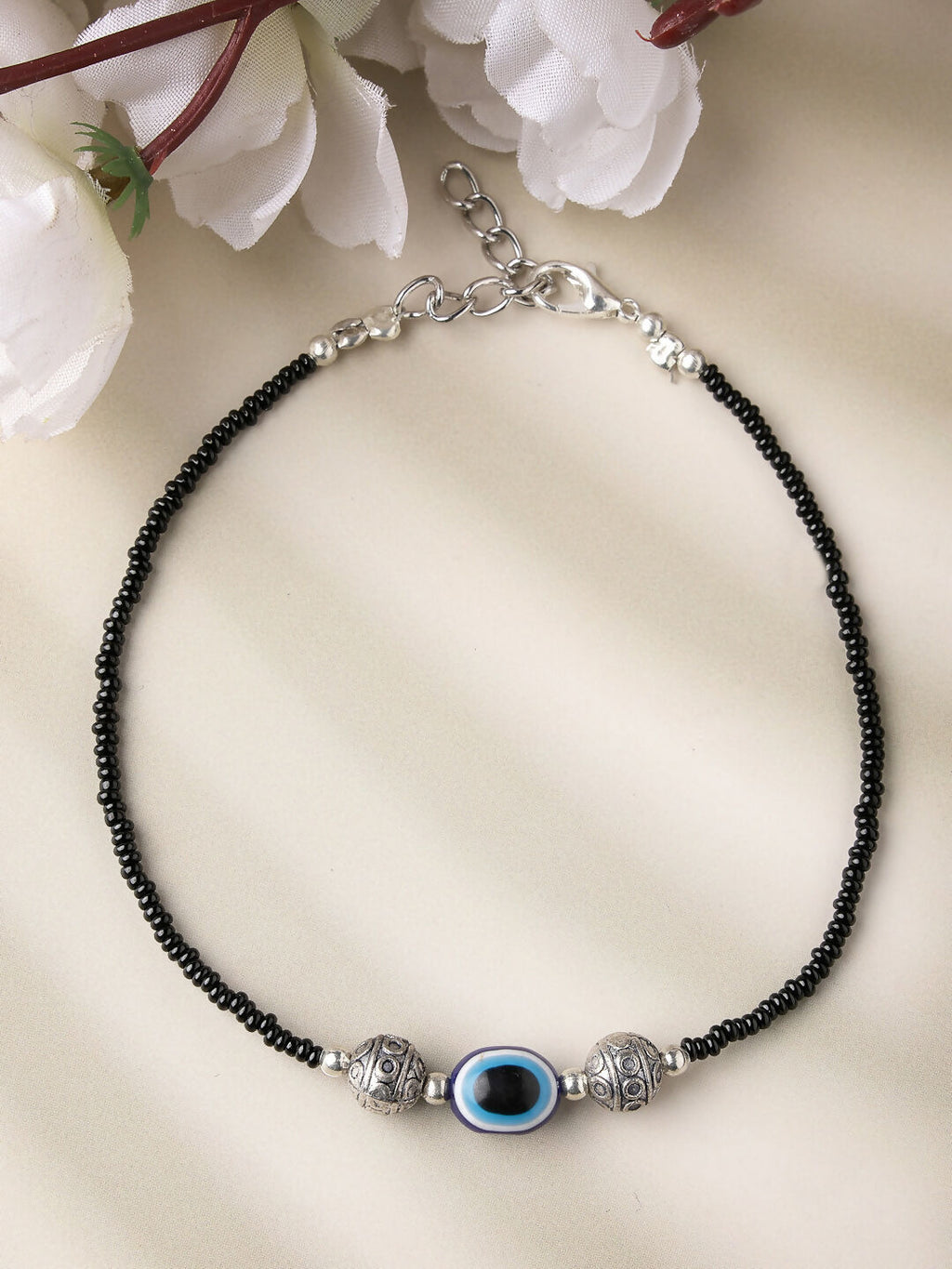 NVR Women Set of 2 Brass-Plated Stone-Studded & Evil Eye Beaded Anklet | Grocsy