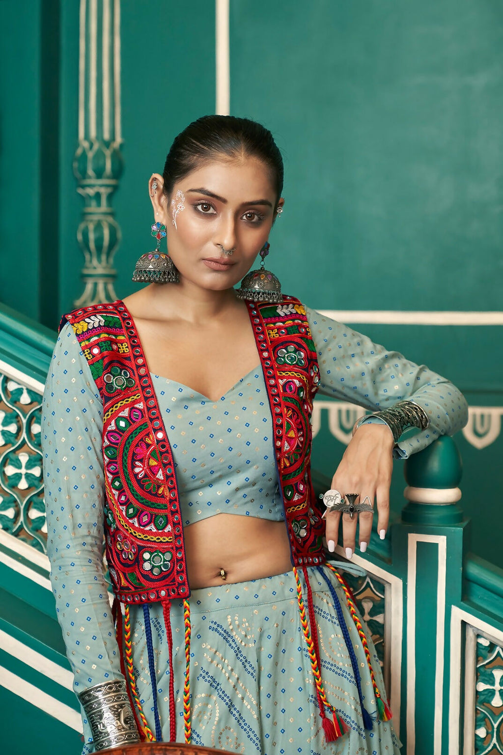 AI Fashion Pista Green Viscose Rayon Designer Navratri Lehenga Choli Collection | Grocsy