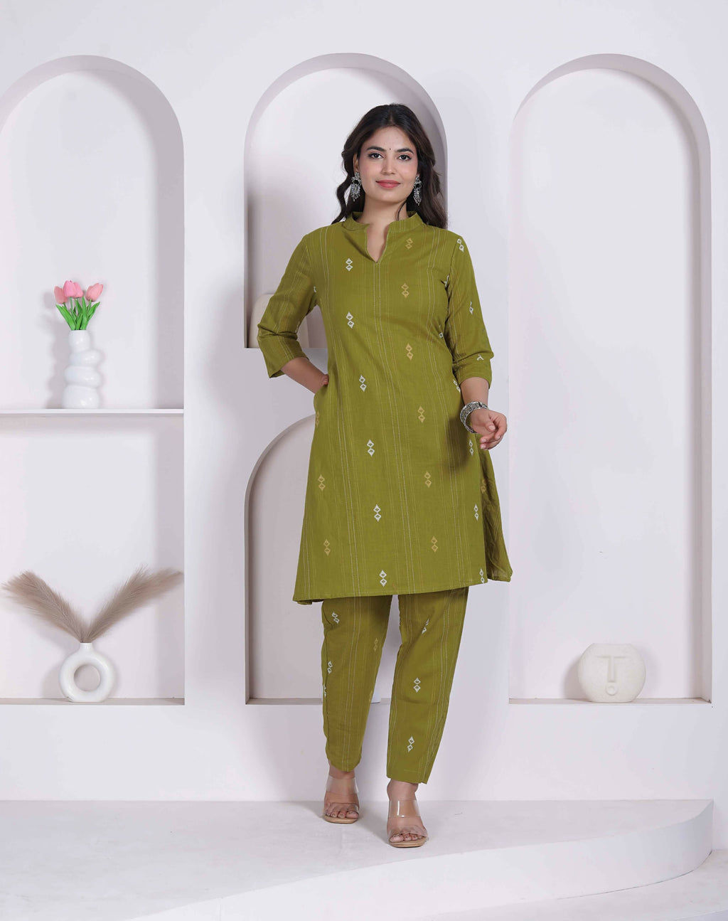 Miravan Womens Green Printed Cotton Straight Kurta With Palazzo | Grocsy