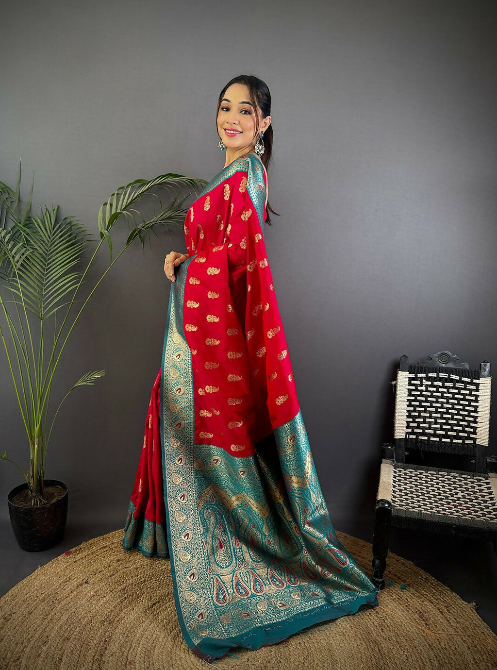 Joban Fashion Banarasi Red Woven Butti Soft Silk Saree | Grocsy