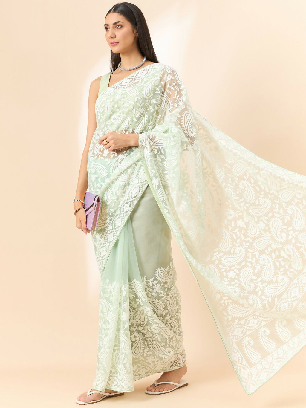 Green Organza Paisely Embroidered Saree with Unstitched Blouse Piece - Roozal | Grocsy