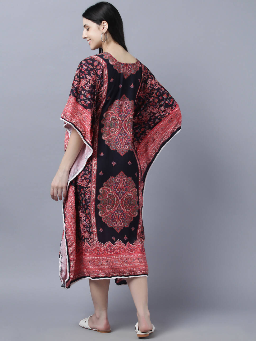 Myshka Peach-Coloured Purple Floral Kaftan Midi Dress | Grocsy