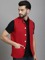 Even Apparels Nehru Jacket With Welt Pockets - Red | Grocsy