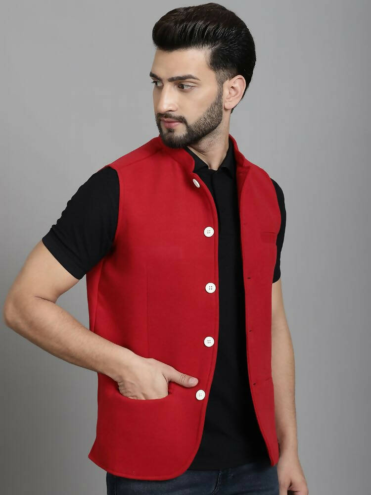 Even Apparels Nehru Jacket With Welt Pockets - Red | Grocsy