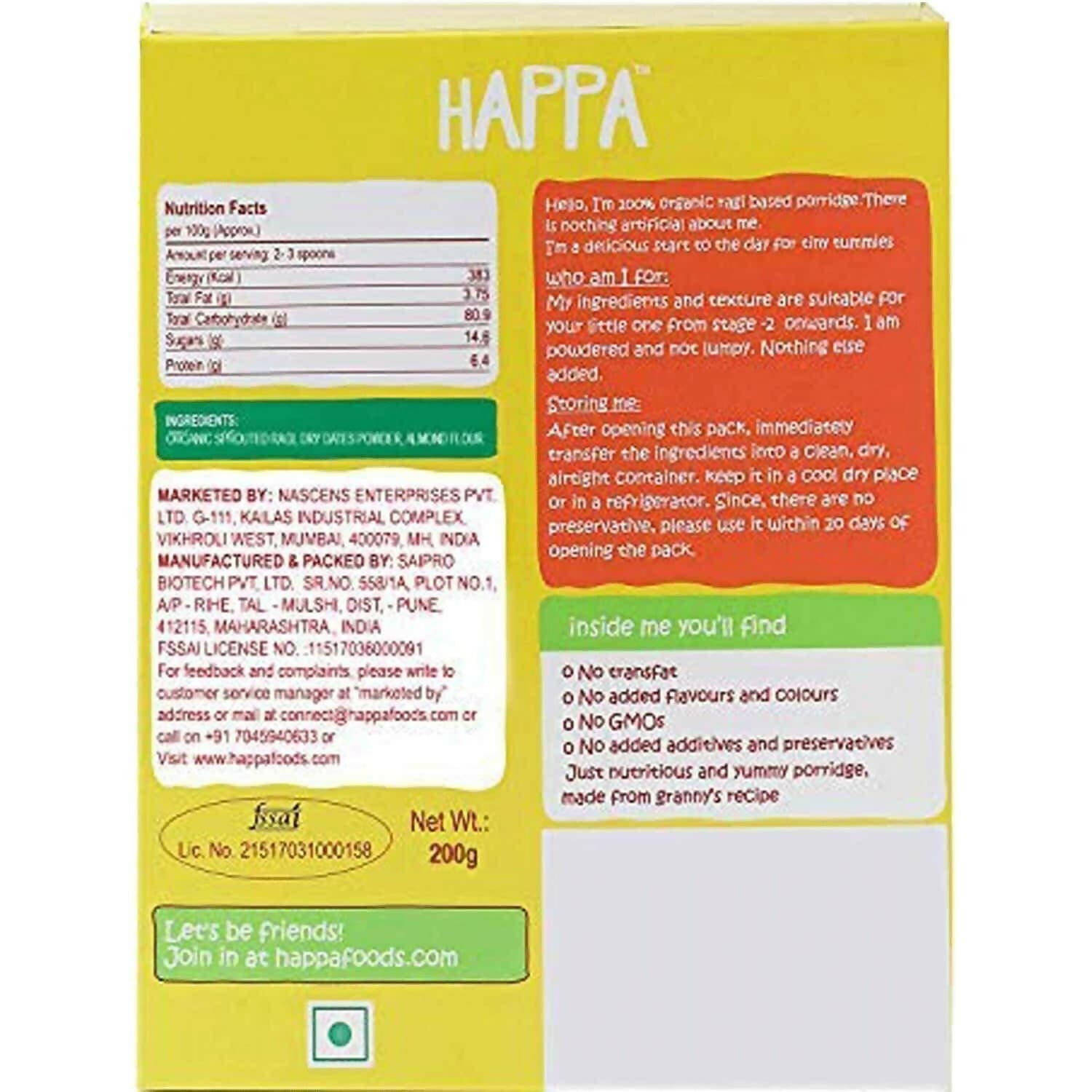 Happa Organic Baby Food Sprouted Ragi, Almonds + Dates Porridge Mix Combo | Grocsy